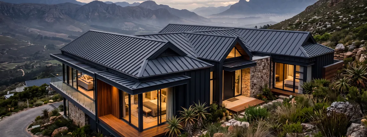 A dark standing-seam steel roof on a hillside home above a mountain valley