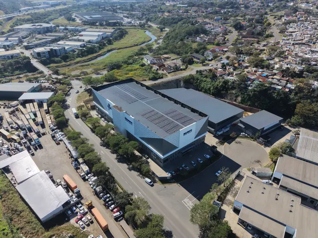 Roof-level view over the Mando's distribution centre and its solar array