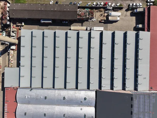 Repeated stepped roof bays at Maytex, viewed from above